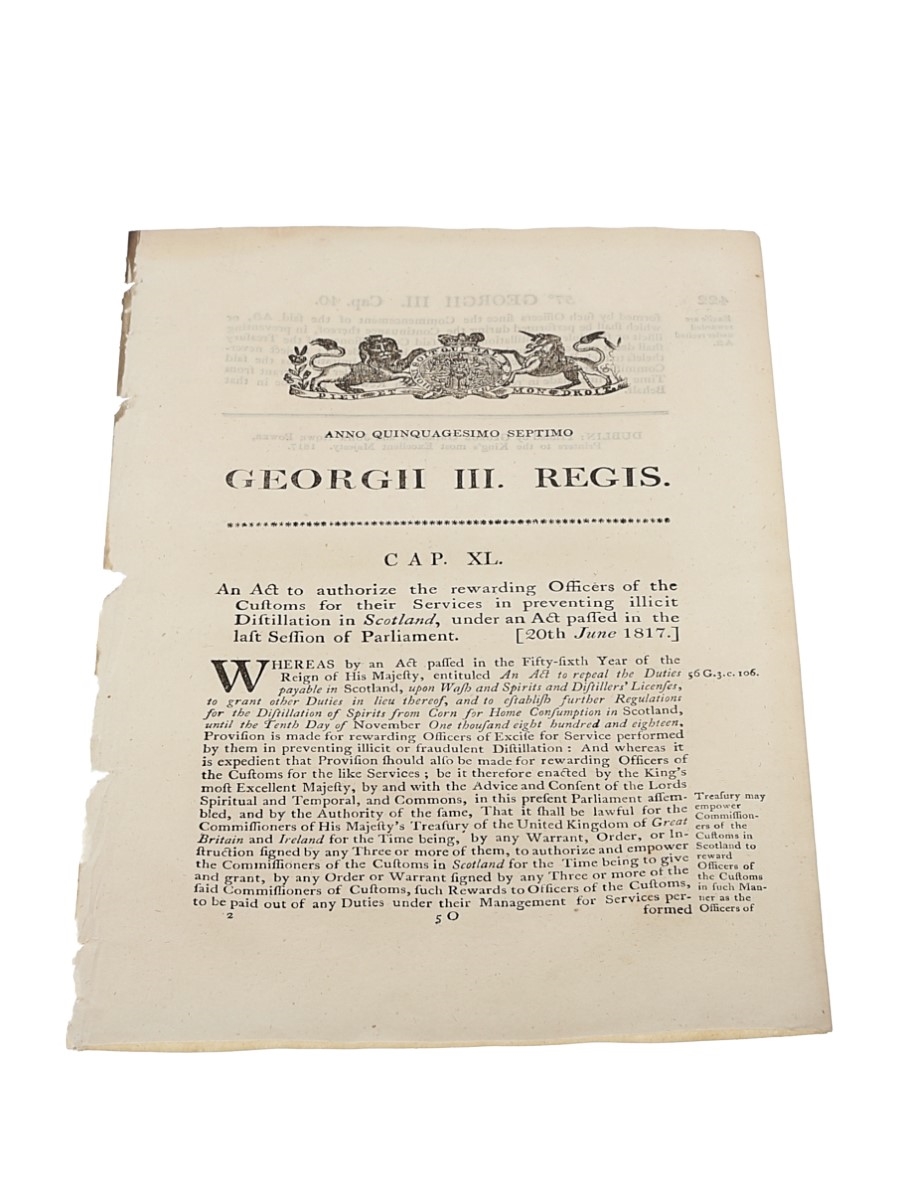 Act To Authorize The Rewarding Officers Of The Customs For Their Services In Preventing Illicit Distillations In Scotland, Dated 1817 In the 57th Year of King George III 