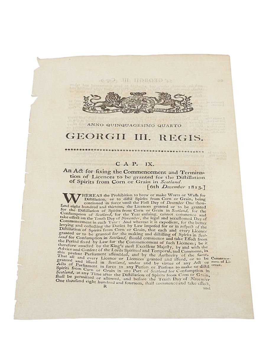 Act For Fixing The Commencement And Termination Of Licences To Be Granted For The Distillation Of Spirits From Corn Or Grain In Scotland, Dated 1813 In the 54th Year of King George III 