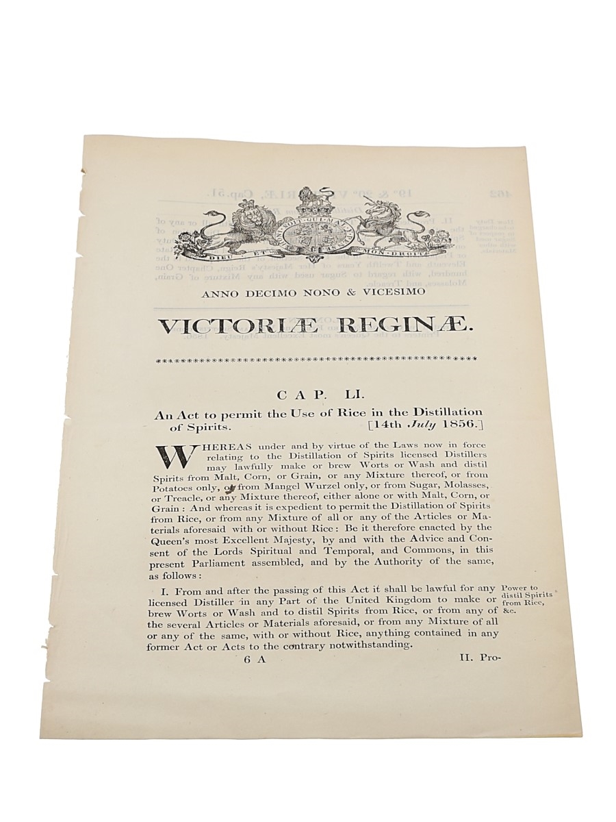 Act To Permit The Use Of Rice In The Distillation Of Spirits, Dated 1856 In the 19th & 20th Year of Queen Victoria 
