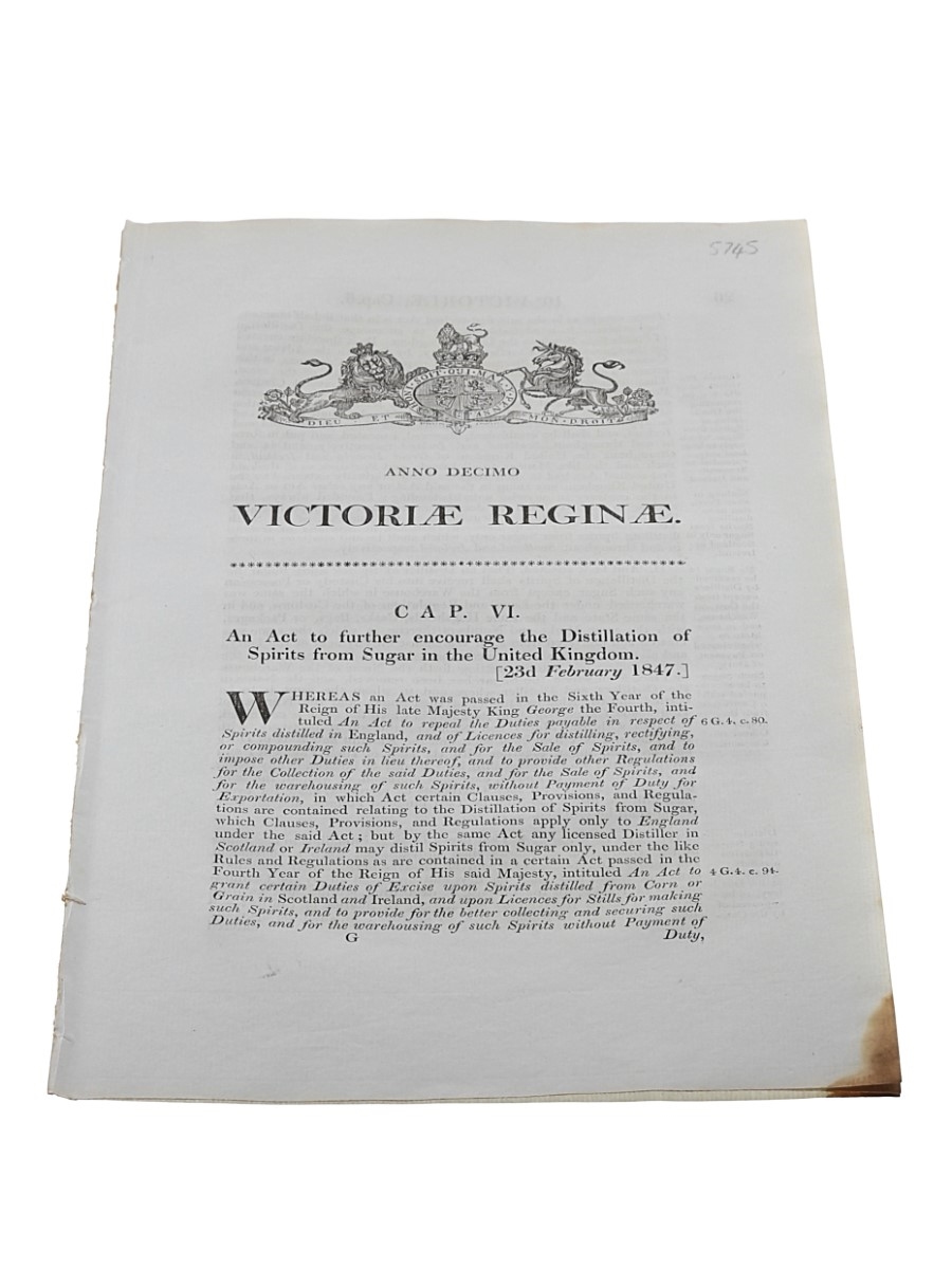 Act To Further Encourage The Distillation Of Spirits From Sugar In The United Kingdom, Dated 1847 In the 10th Year of Queen Victoria 