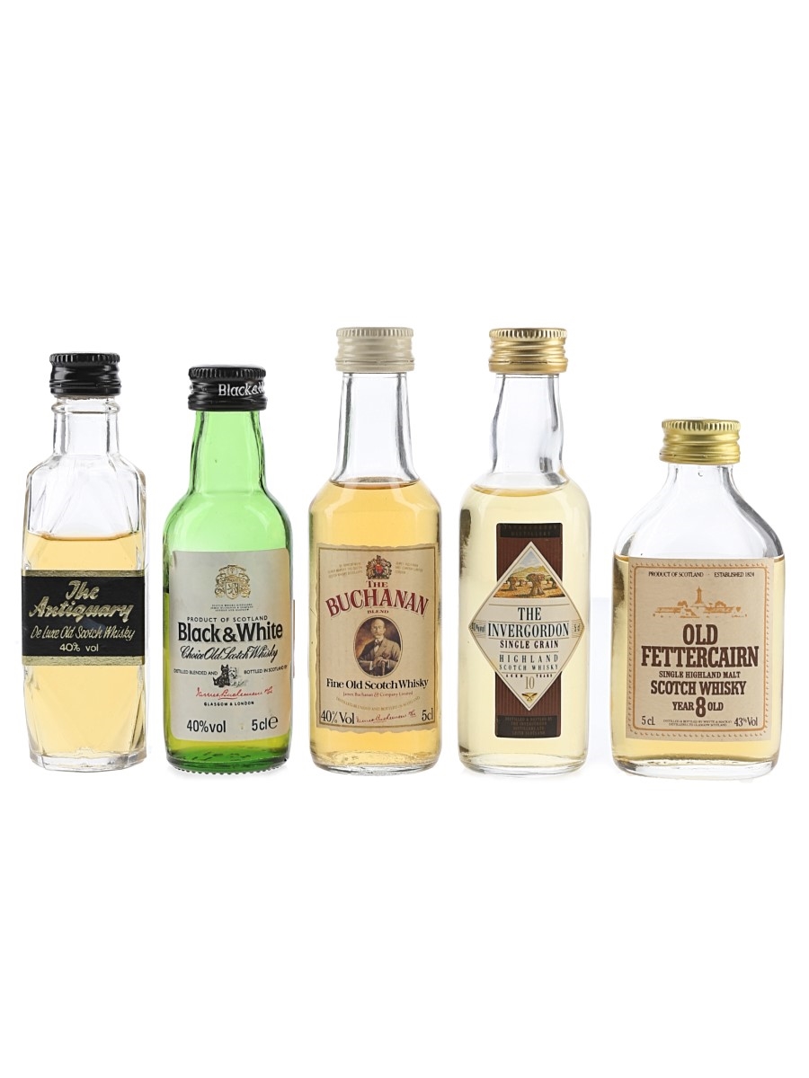 Assorted Scotch Whisky Antiquary, Black & White, Buchanan, Invergordon 10 Year Old, Old Fettercairn 8 Year Old 5 x 5cl