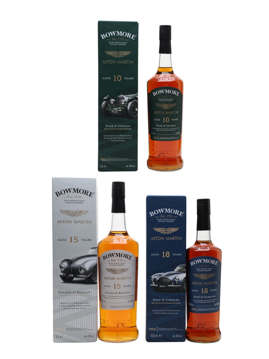 Bowmore 10,15 & 18 Year Old Aston Martin 3 x 70cl & 100cl