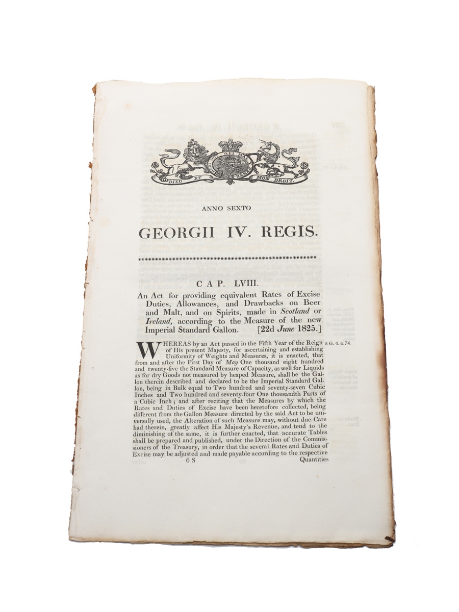 Act For Providing Equivalent Rates Of Excise Duties, Allowances, And Drawbacks On Beer And Malt, And On Spirits, Made In Scotland Or Ireland, Dated 1825 In the 6th Year of King George IV 