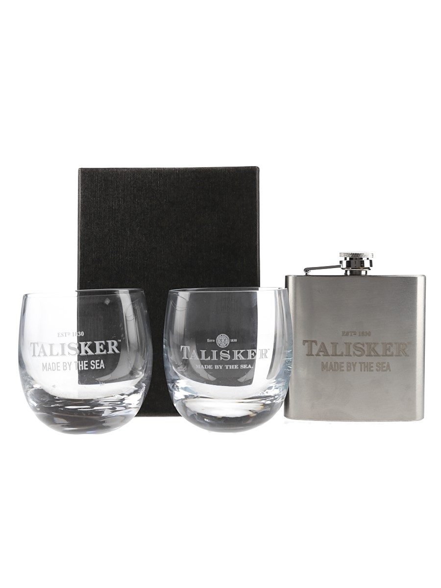 Talisker Hip Flask & Rocking Glasses  10.5cm x 8.5cm & 8.5cm Tall