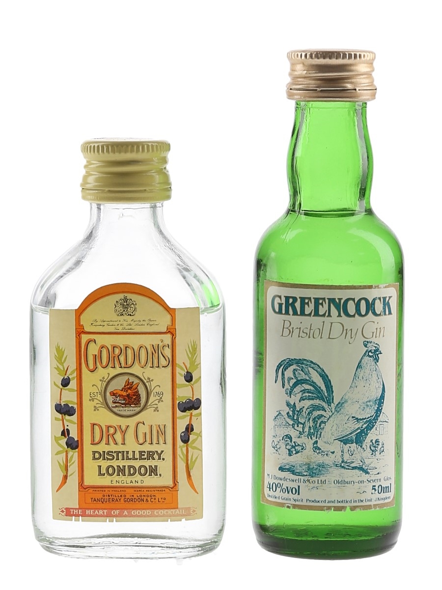 Gordon's Dry Gin & Greencock Dry Gin Bottled 1980s 2 x 5cl / 40%
