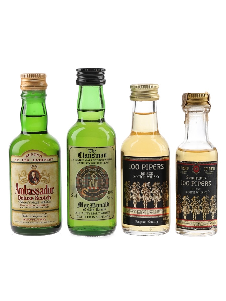 Ambassador Deluxe, Clansman MacDonald & 100 Pipers Bottled 1970s-1980s 4 x 3cl-5cl