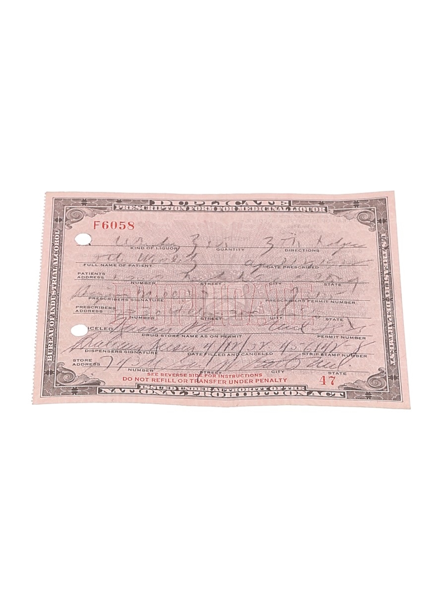 Prohibition Medicinal Liquor Prescription, Dated 1932  