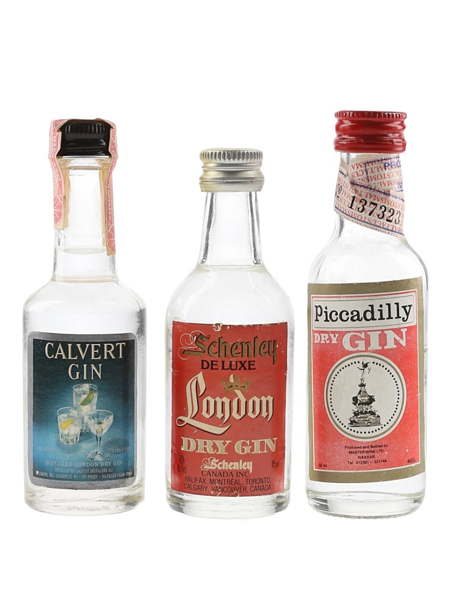 Calvert, Piccadilly & Schenley De Luxe Dry Gin Bottled 1970s-1980s 3 x 4.7cl-5cl / 40%