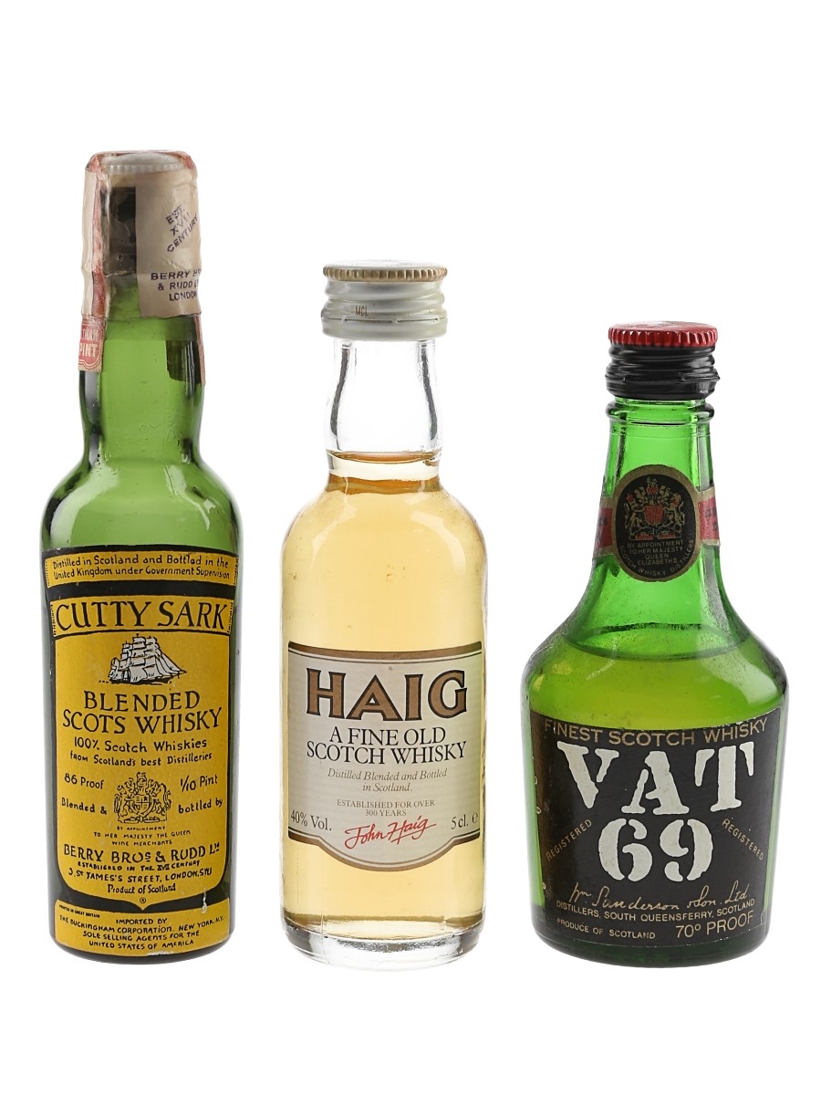 Cutty Sark, John Haig & Vat 69 Bottled 1970s-1980s 3 x 4.7cl-5cl