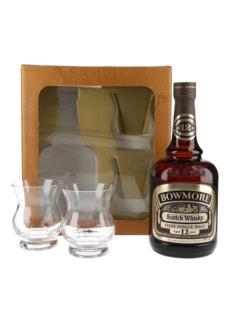 Bowmore 12 Year Old Gift Pack with 2 Glasses Bottled 1980s 75cl / 40%