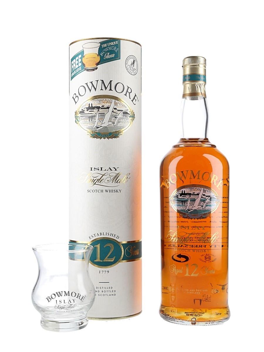 Bowmore 12 Year Old With Branded Glass Bottled 1990s - Screen Printed Label 100cl / 43%