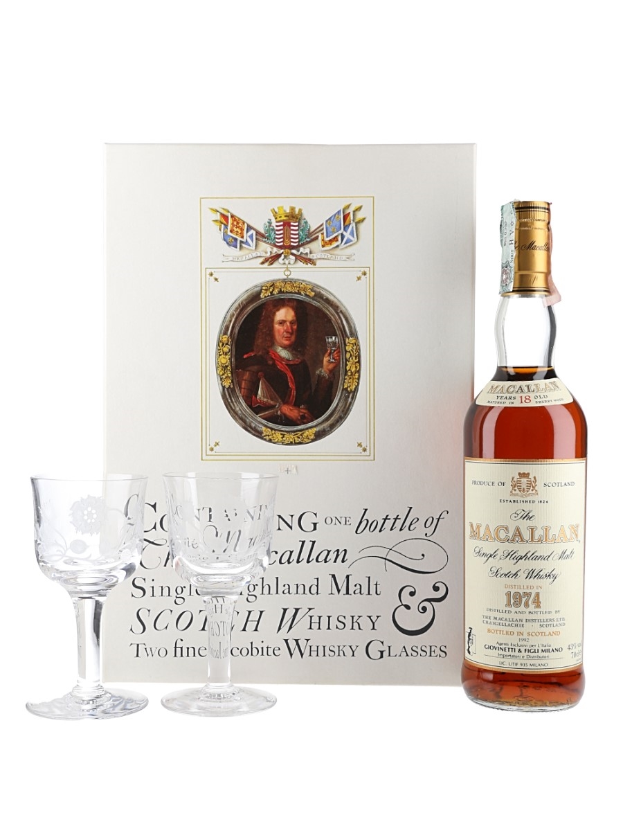 Macallan 1974 18 Year Old & Jacobite Glasses Bottled 1992 - Giovinetti 70cl / 43%