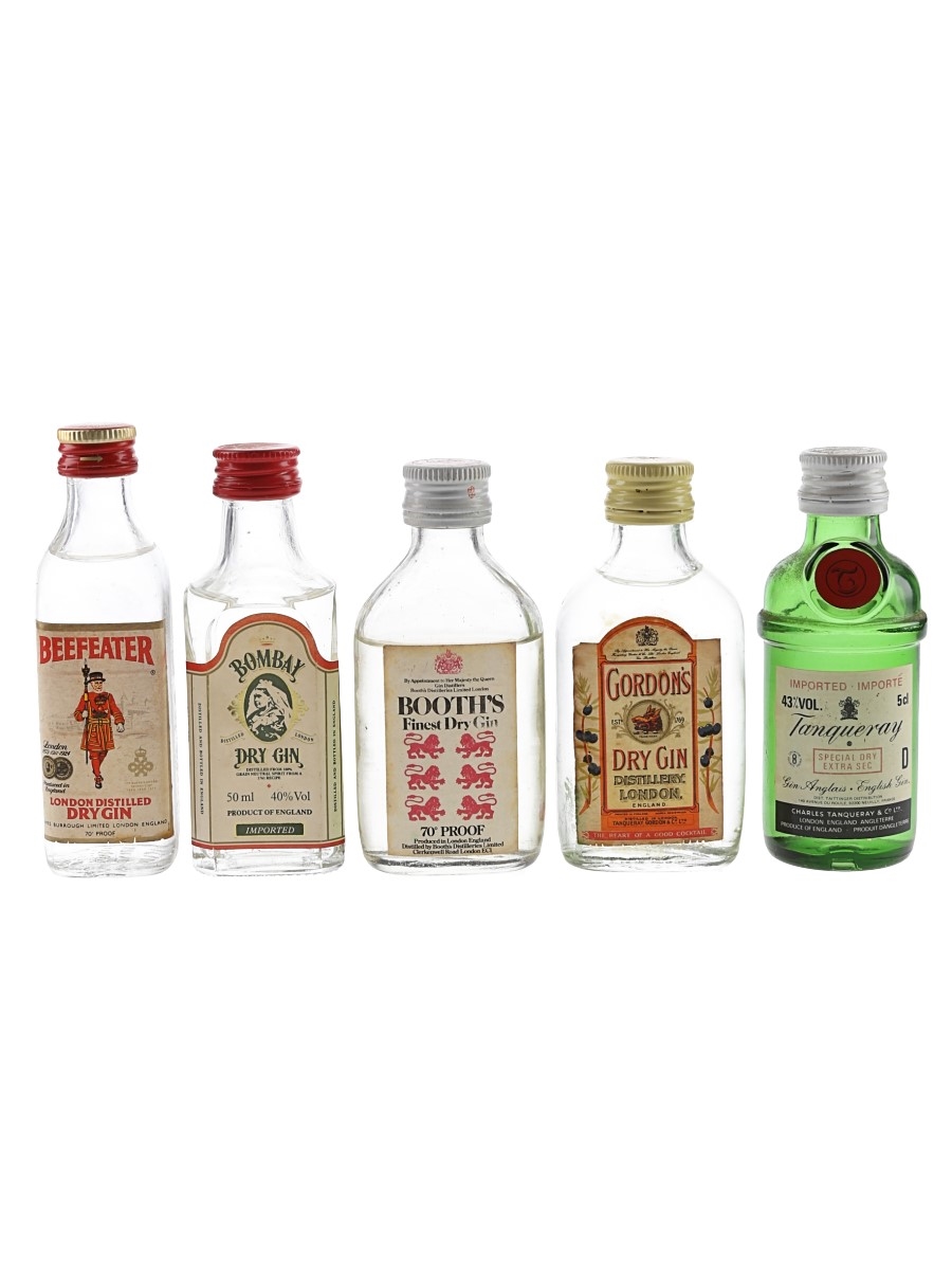Booth's, Bombay, Beefeater, Gordon's & Tanqueray Bottled 1970s-1980s 5 x 5cl