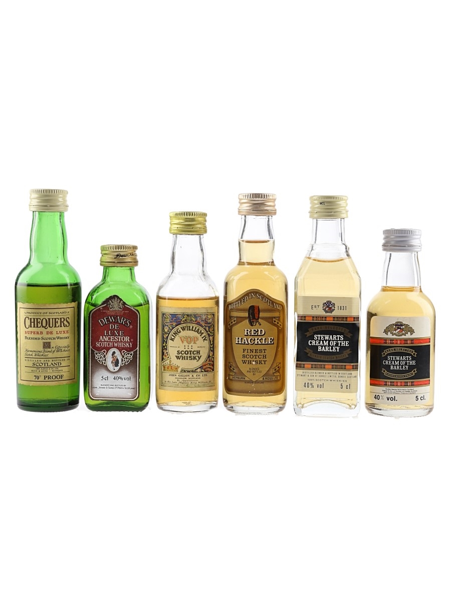 Chequers, Dewar's, King William IV VOP, Stewarts Cream Of The Barley & Red Hackle Bottled 1970s-1980s 6 x 5cl