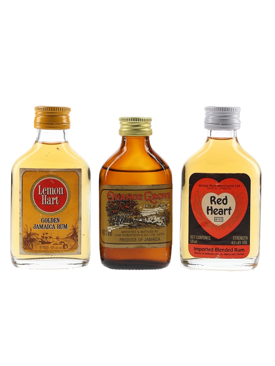 Lemon Hart Golden Jamaica Rum, Orange Grove & Red Heart Bottled 1970s-1980s 3 x 5cl