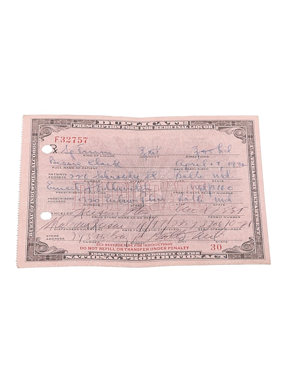 Prohibition Medicinal Liquor Prescription, Dated 1932 Bessie Clark 