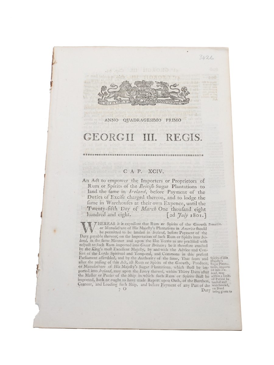 Act To Empower The Importers Or Proprietors Of Rum Or Spirits To Land The Same In Ireland, Dated 1801 In the 42nd Year of King George III 
