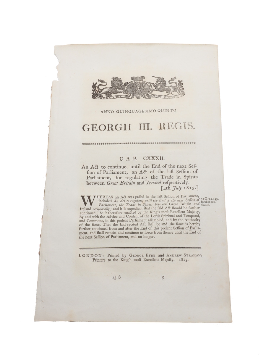 Act To Continue, Until The End Of The Next Session Of Parliament, For Regulating The Trade In Spirits Between Great Britain And Ireland Respectively, 1815 In the 55th Year of King George III 