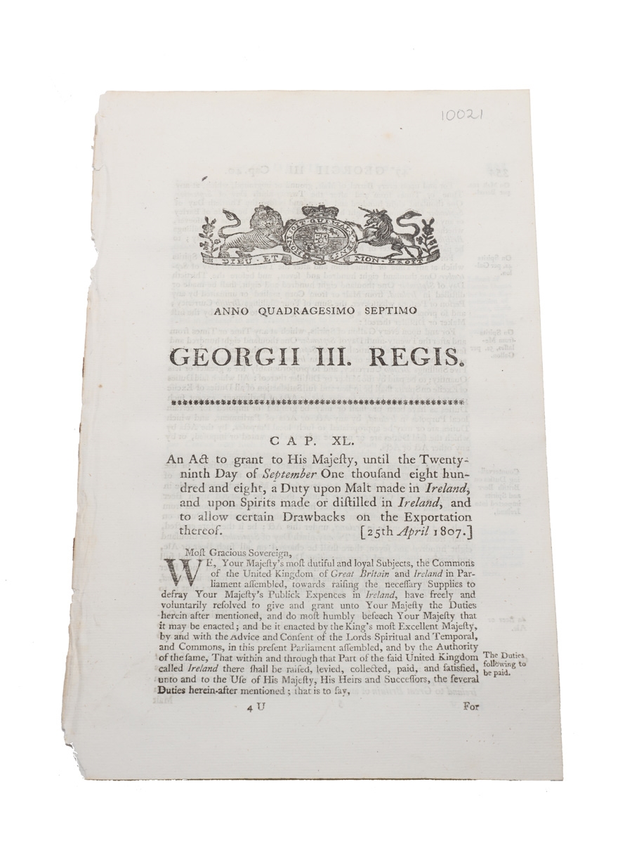 Act To Grant To His Majesty, Until The 29th Day of September 1808, A Duty Upon Malt Made In Ireland,  1807 In the 47th Year of King George III 