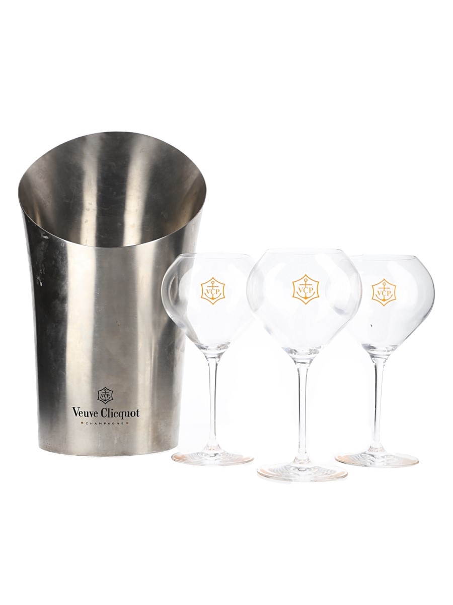 Veuve Clicquot Metal Ice Bucket & Three Veuve Clicquot Glasses 4 x 21cm-38cm Tall