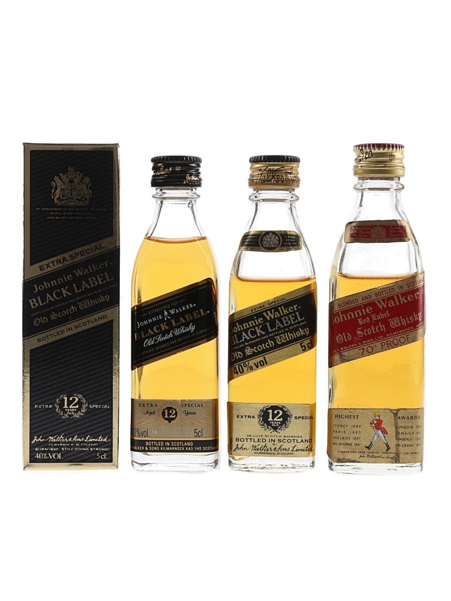 Johnnie Walker Black Label Extra Special, 12 Year Old & Red Label Bottled 1970s-1980s 3 x 5cl / 40%