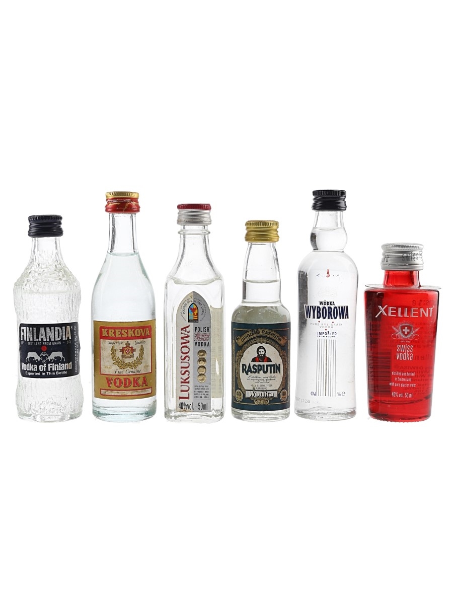 Finlandia, Luksusowa, Kreskova, Wyborowa. Rasputin & Xellent Swiss Vodka  6 x 4cl-5cl / 40%