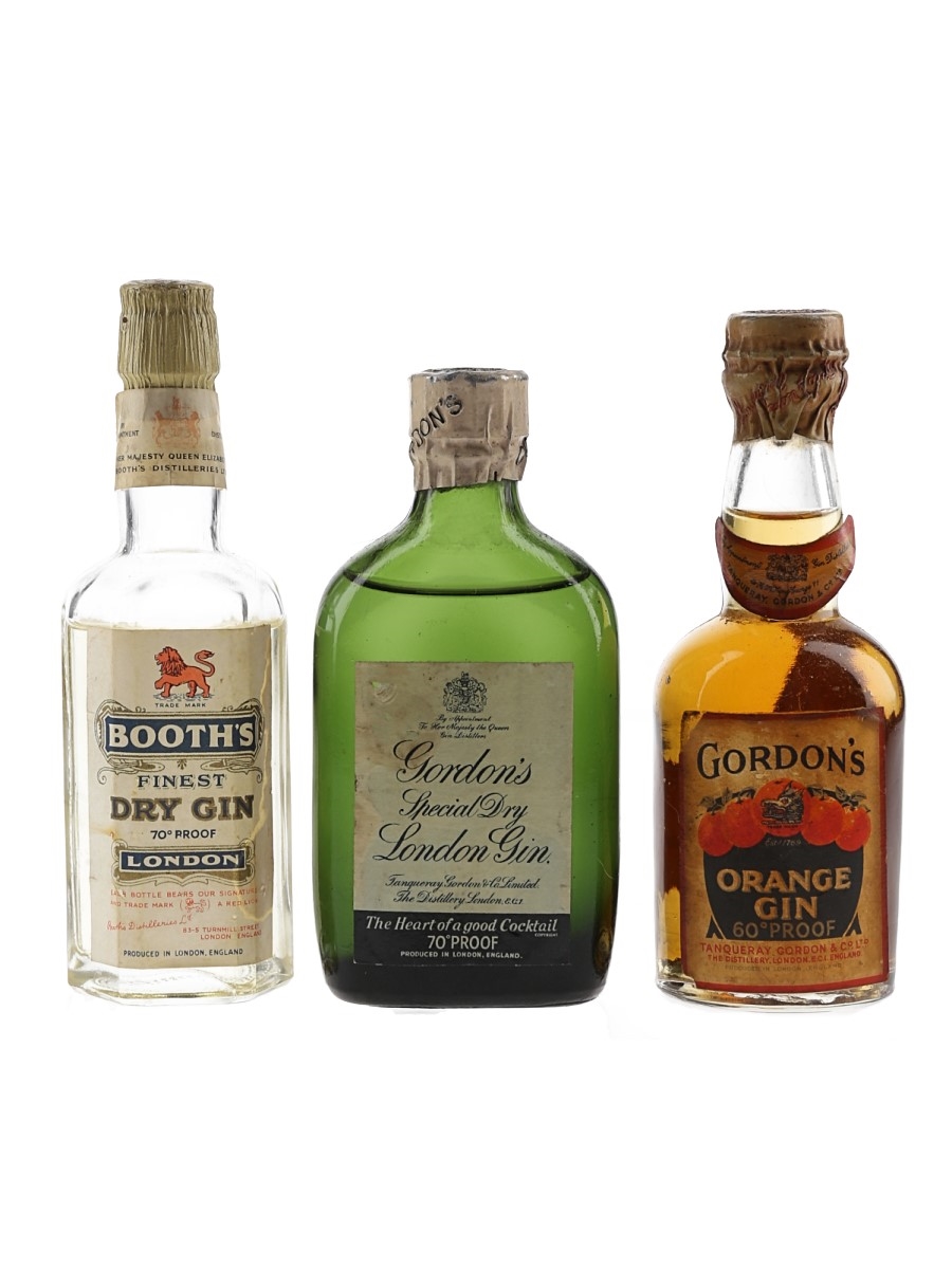 Gordon's Orange Gin Spring Cap, Gordon's Special Dry & Booth's Dry Gin Bottled 1950s-1960s 3 x 5cl