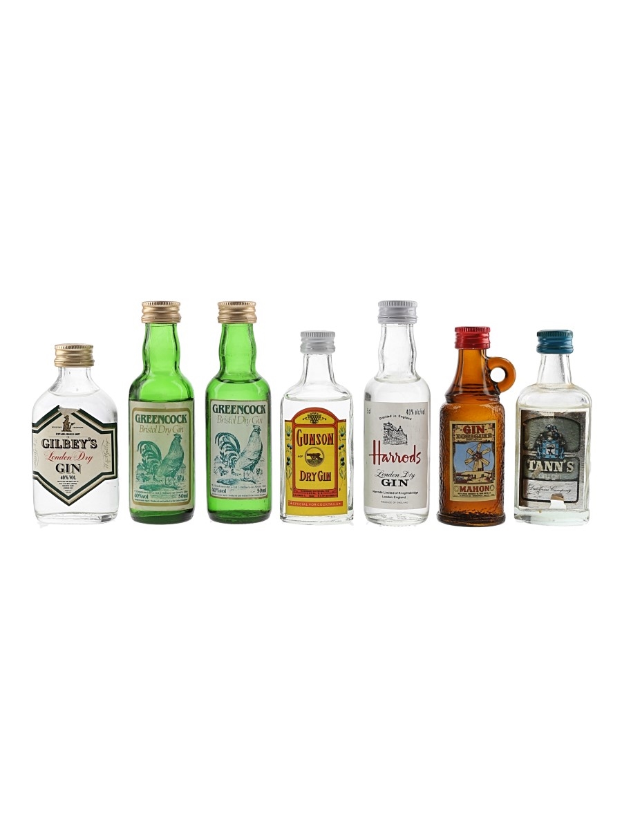Gilbey's, Greencock, Gunson, Harrods, Mahon & Tann's Bottled 1980s-1990s 7 x 4.2cl-5cl