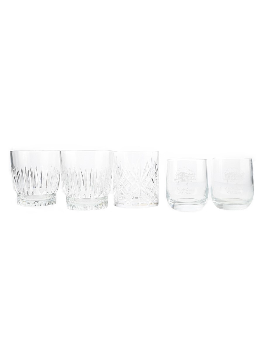 Assorted Whisky Glasses Glenturret, St Andrews Club House & Woodford Reserve 5 x 8cm-9cm Tall