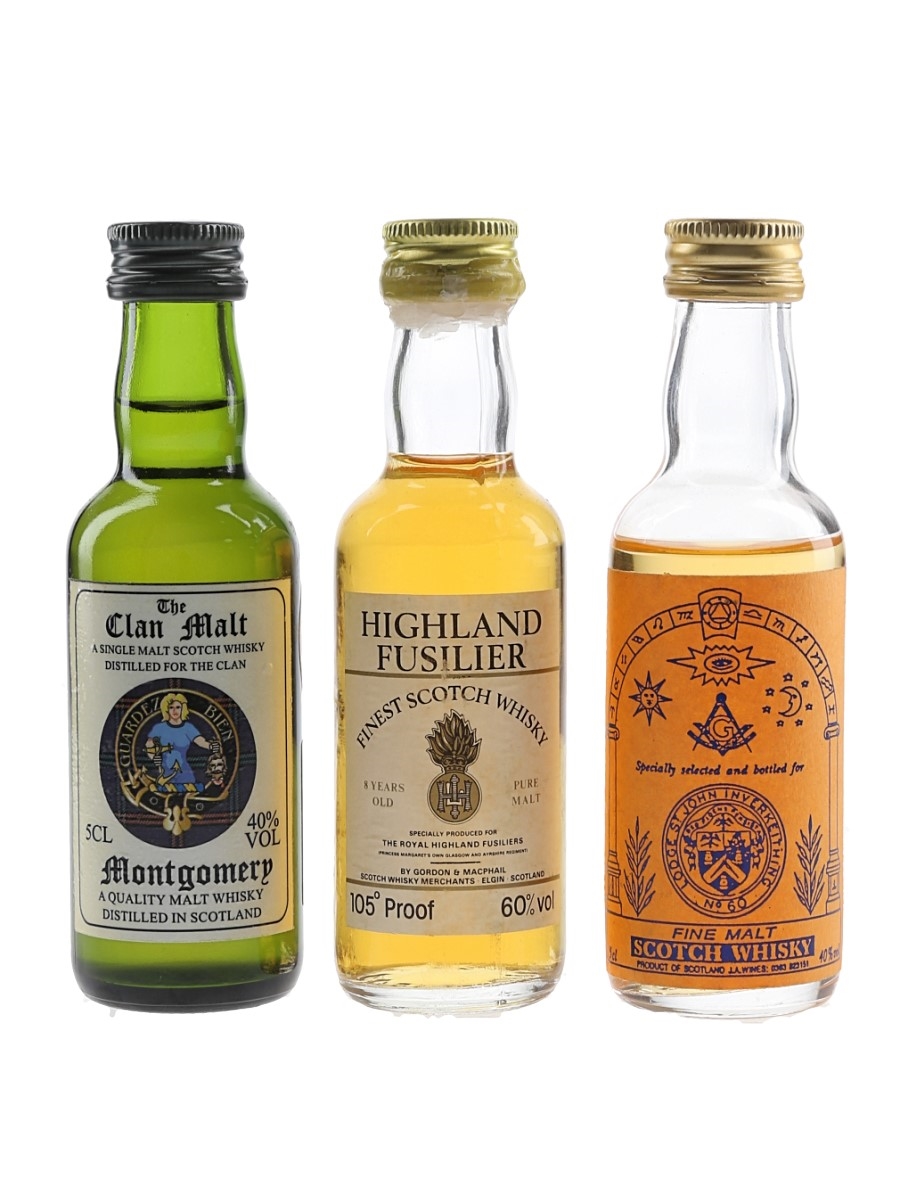 Clan Malt Montgomery, Highland Fusilier &  St. John Fine Malt Bottled 1980s-1990s 3 x 5cl