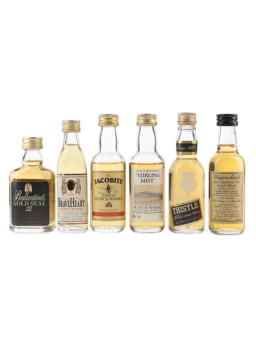 Assorted Blended Scotch Whisky Ballantine's 12 Year Old, Brave Heart, Jacobite, Stirling Mist, Thistle & Usquaebach 15 Year Old 6 x 5cl