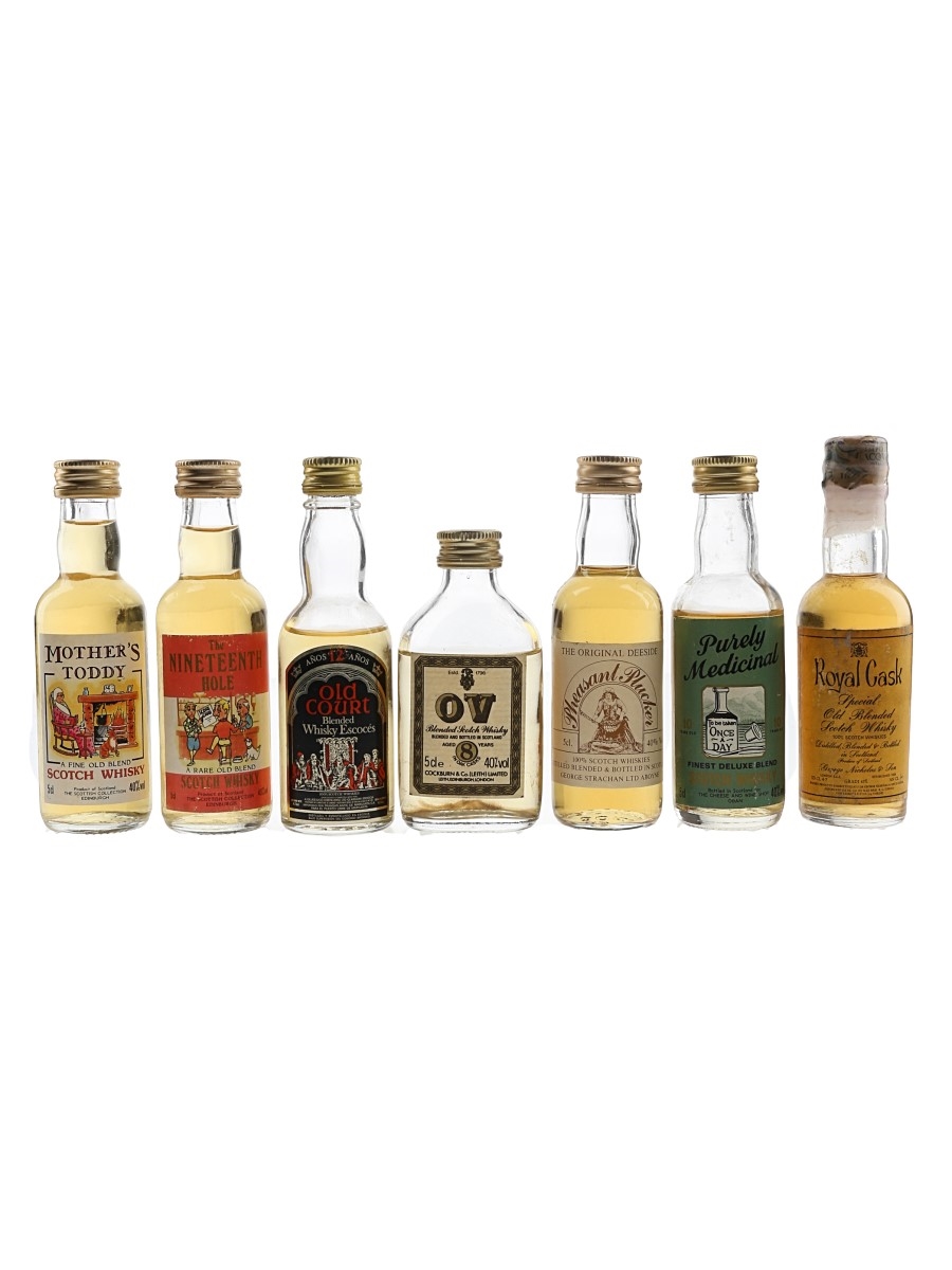 Assorted Blended Scotch Whisky Mother's Toddy, The Nineteenth Hole, Old Court 12 Year Old, OV 8 Year Old, Royal Cask, Pheasant Plucker & Purely Medicinal 7 x 4.7-5cl / 40%
