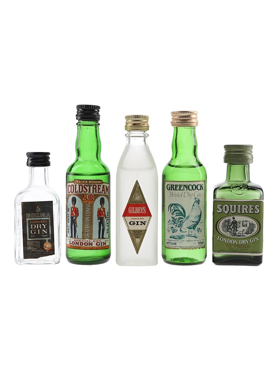 Gilbey's, Greencock, Bokma, Squires & Coldstream Gin Bottled 1970s-1980s 5 x 4.7cl-5cl