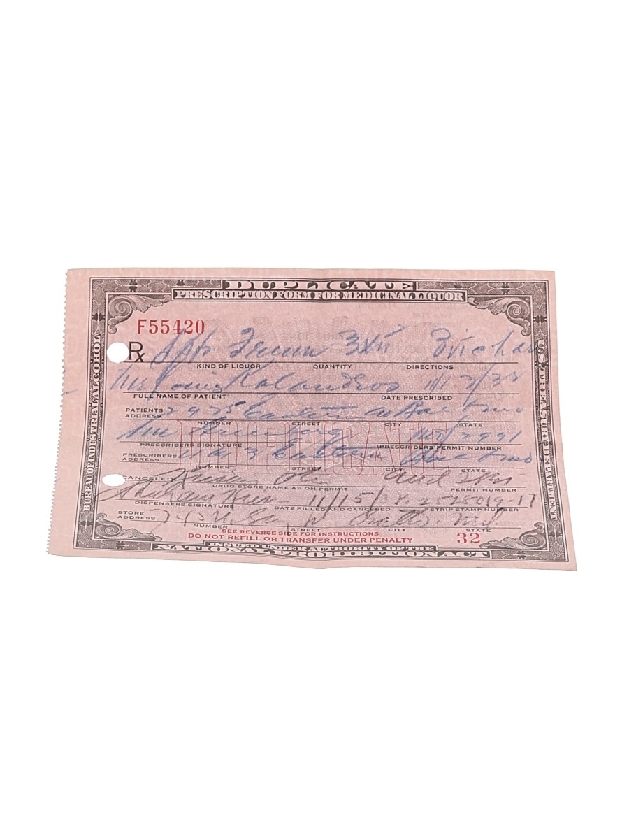 Prohibition Medicinal Liquor Prescription, Dated 1931  