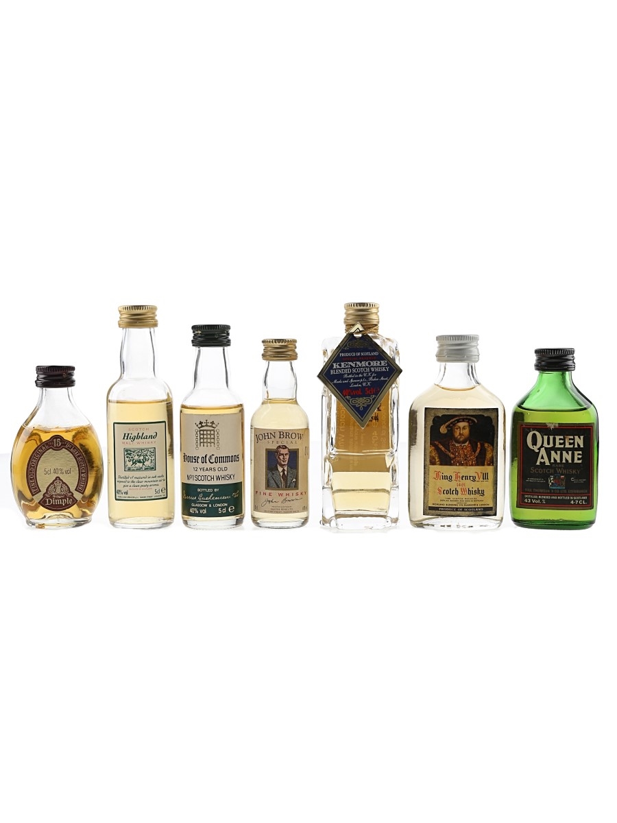 Assorted Blended Scotch Whisky Dimple 15 Year Old, John Brow Special, King Henry VIII, Queen Anne, Highland Malt, Kenmore & House Of Commons 12 Year Old 7 x 3cl-5cl