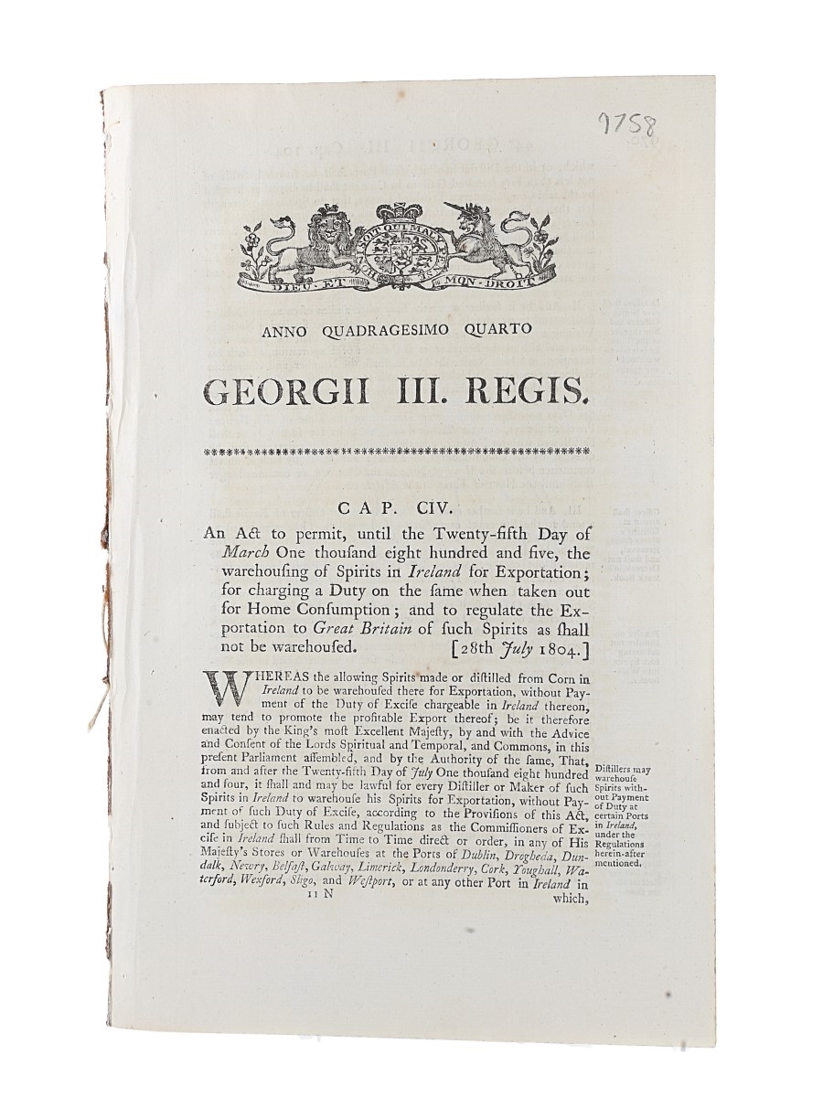 An Act To Permit...The Warehouse Of Spirits In Ireland For Exportation 1804 King George III 