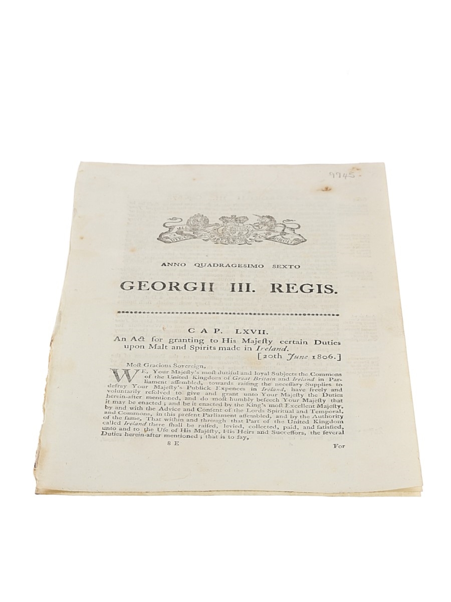 An Act for granting to His Majesty certain Duties upon Malt and Spirits made in Ireland 1806 King George III 