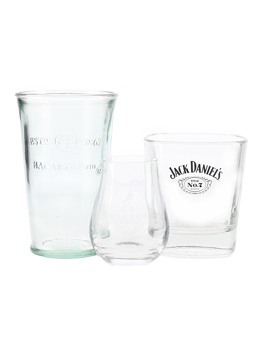 Branded Whisky & Rum Glasses Johnnie Walker, Jack Daniel's & Bacardi 7.5cm-12cm Tall