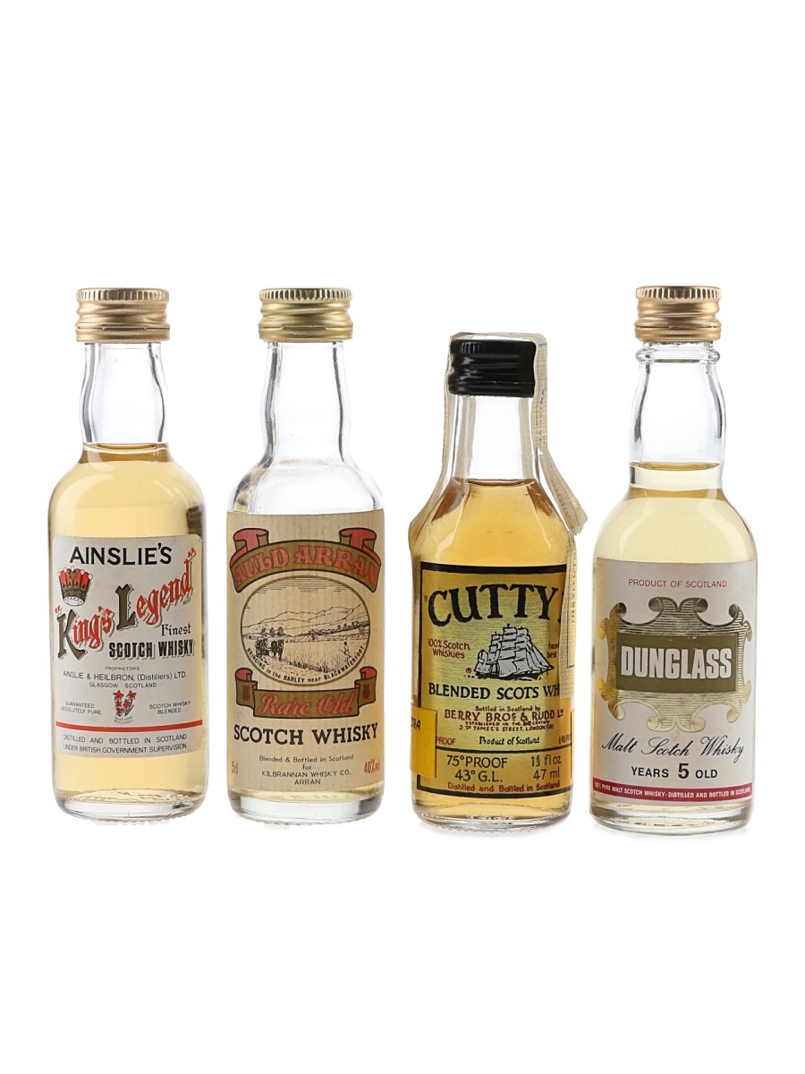 Ainslie's King's Legend, Cutty 12, Dunglass 5 Year Old & Auld Arran Bottled 1970s-1980s 4 x 4.7cl-5cl