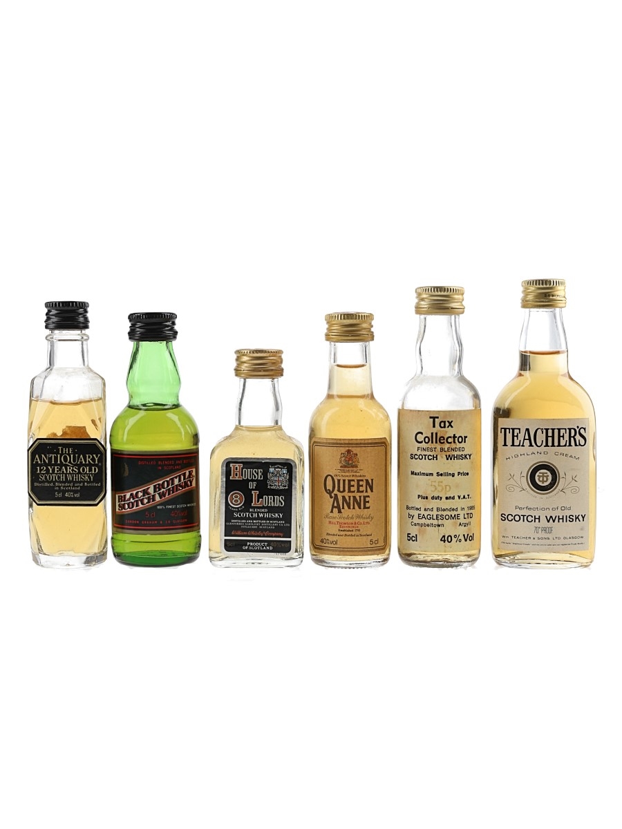Assorted Blended Scotch Whisky Antiquary 12 Year Old, Black Bottle, House Of Lords 8 Year Old, Tax Collector, Teacher's Highland Cream & Queen Anne 6 x 5cl / 40%