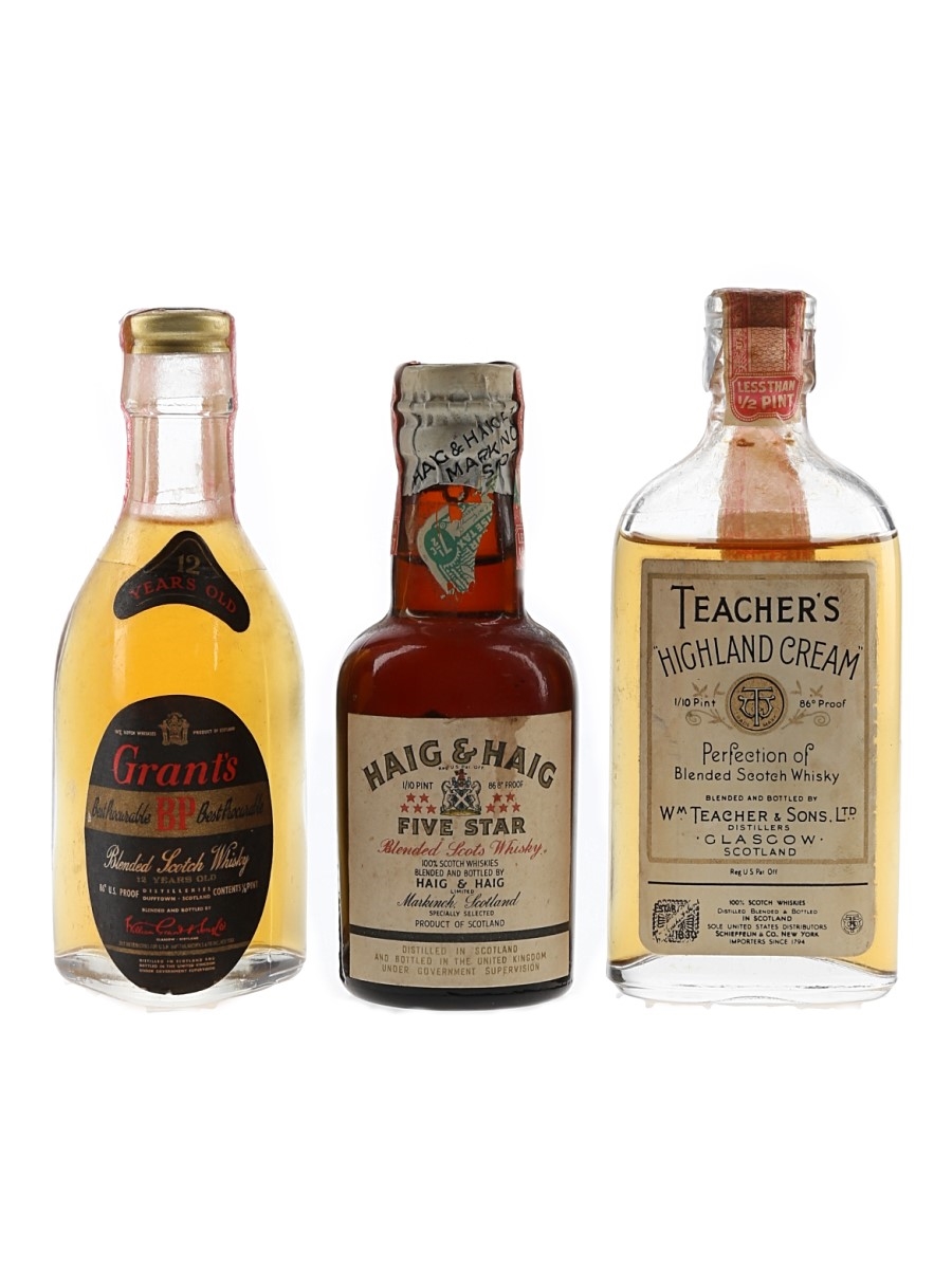 Grant's 12 Year Old, Haig & Haig Five Star Spring Cap & Teacher's Highland Cream Bottled 1940s-1950s 3 x 4.7cl-5.9cl