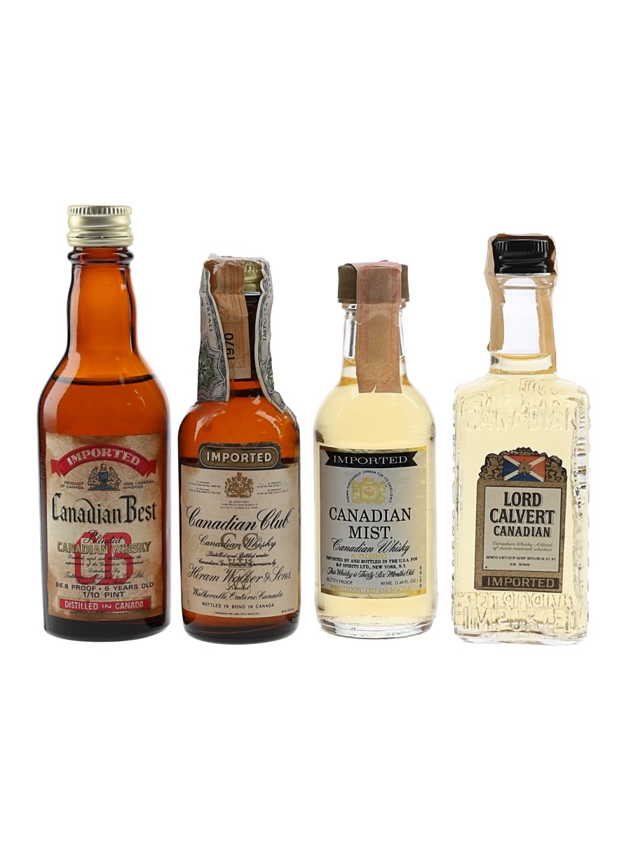 Canadian Club, Canadian Best 6 Year Old, Canadian Mist & Lord Calvert Bottled 1970s-1980s 4 x 4.7cl-5cl