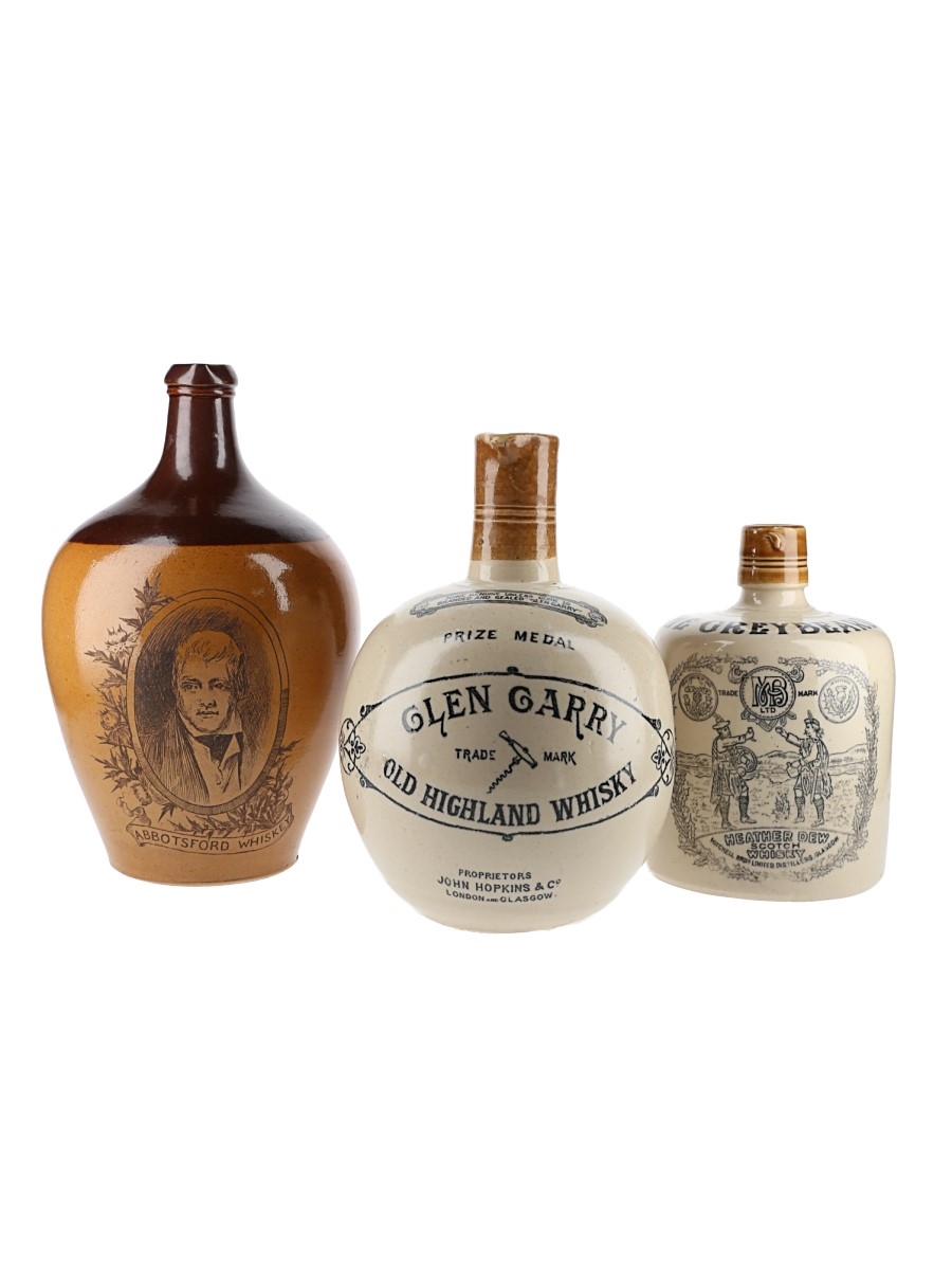 Abbotsford, Glen Garry & The Greybeard Whisky Ceramic Jugs  3 x 16cm-24cm Tall