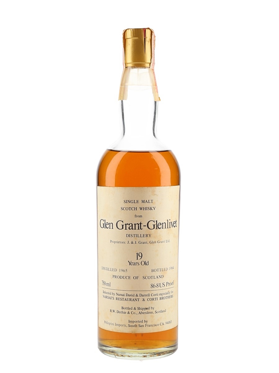 Glen Grant Glenlivet 1965 19 Year Old Bottled 1984 - Narsai's Restaurant & Corti Brothers - Signed Bottle 75cl / 46.4%