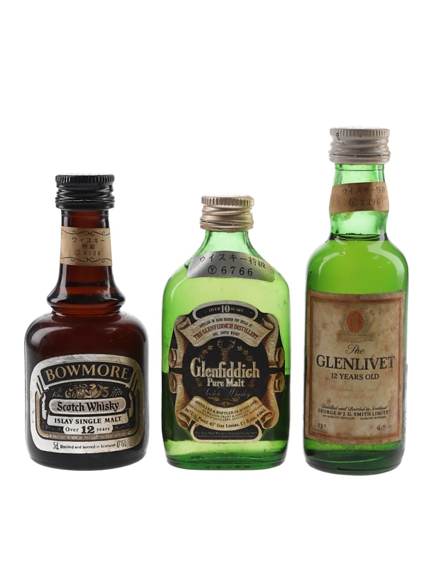 Bowmore 12 Year Old, Glenfiddich Pure Malt & Glenlivet 12 Year Old Bottled 1970s-1980s - Japanese Import 3 x 4.7cl 5cl