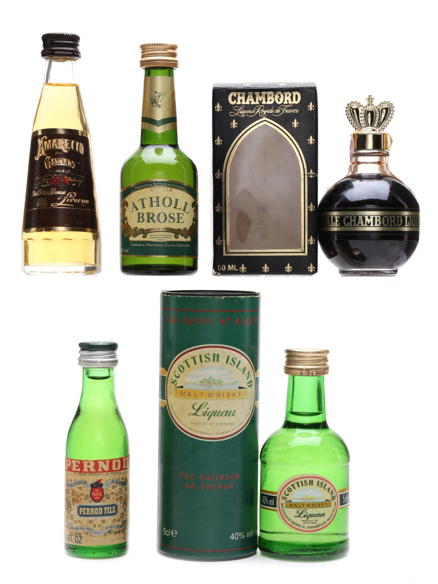 Assorted Liqueur Miniatures Atholl Brose, Pernod, Chambord, Amaretto 2.3cl & 4 x 5cl