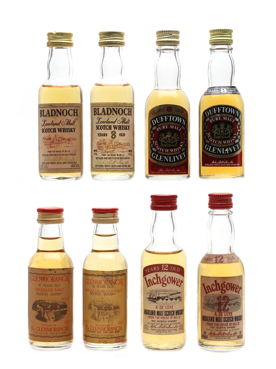 Single Malt Scotch Whisky Miniatures Glenmorangie, Dufftown, Bladnoch, Inchgower 8 x 5cl / 40%