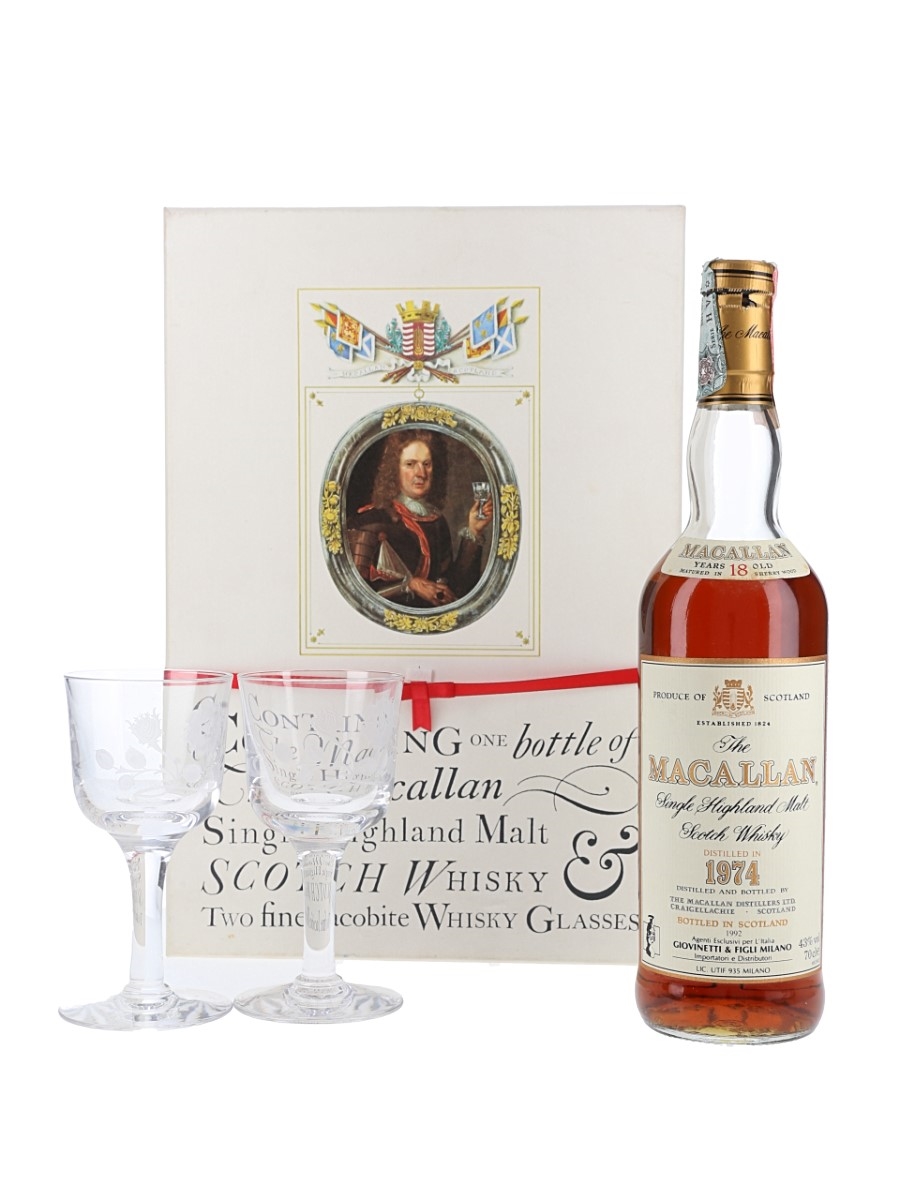 Macallan 1974 18 Year Old & Jacobite Whisky glasses - Lot 202457
