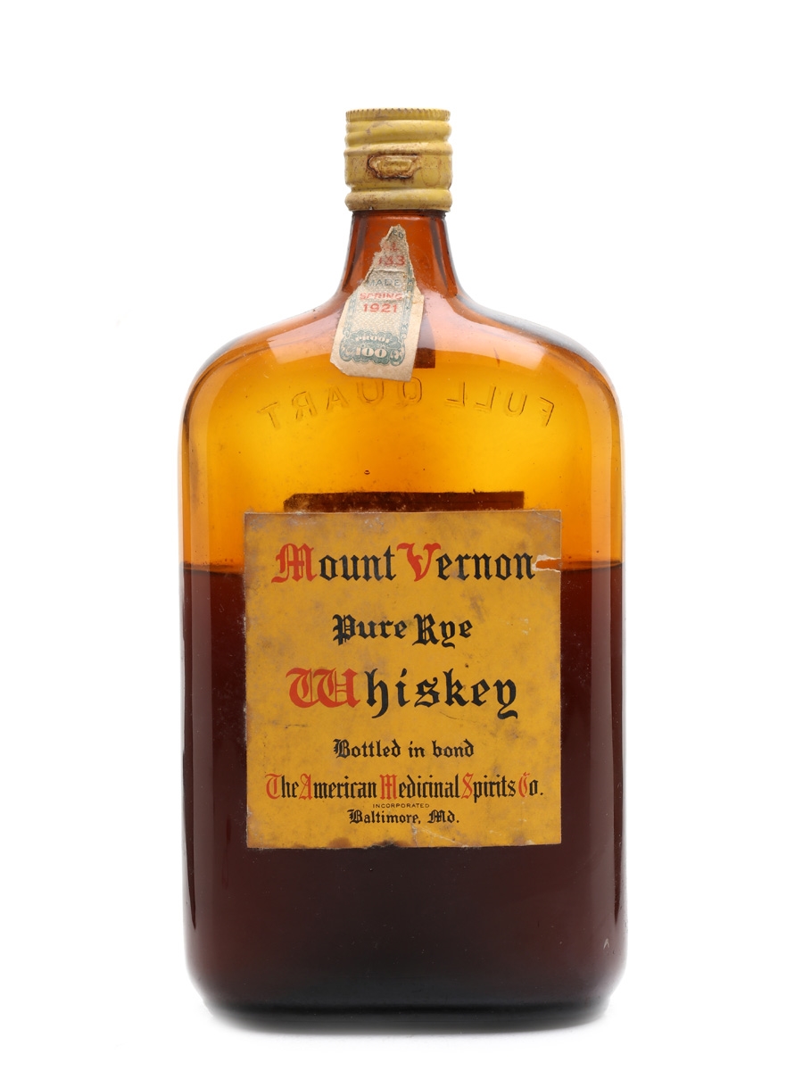 Mount Vernon Pure Rye Distilled 1921, Bottled 1933 - American Medicinal Spirits Co. 94.6cl / 50%