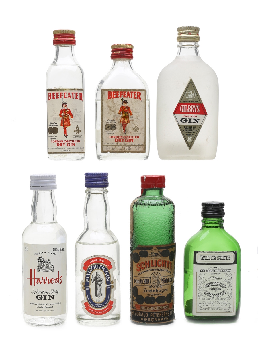 Assorted Gin Beefeater, Gilbey's, Harrods, Plymouth, Schlichte, White Satin 7 x 4.7cl-5cl